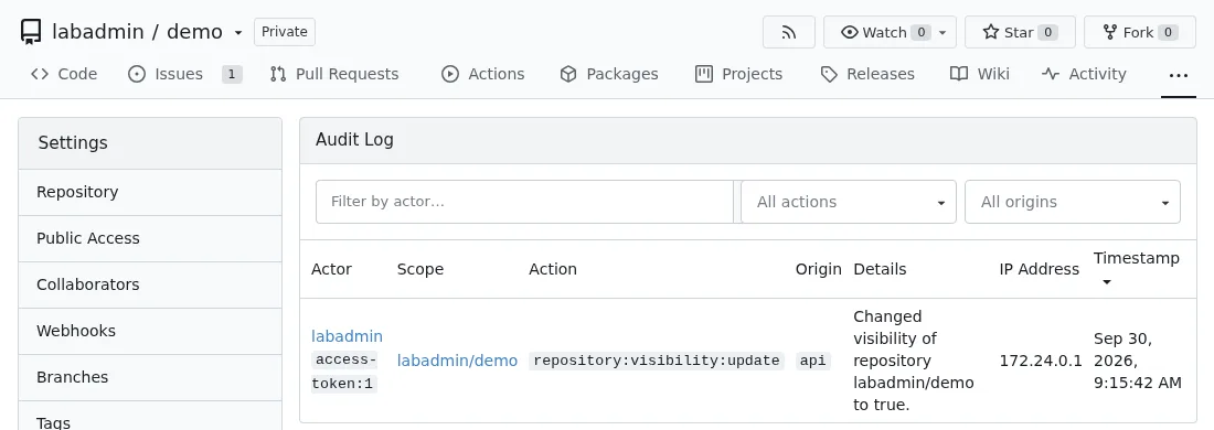 Audit Log page of a repository in Gitea 28.0.0 showing a repository:visibility:update event recorded for labadmin through an access token from the API.