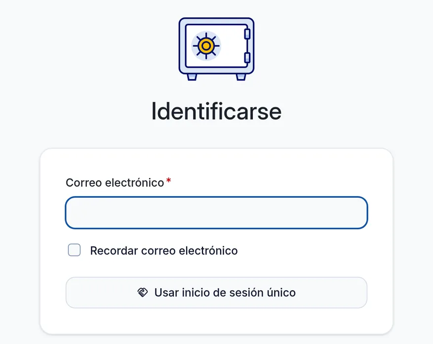 Pantalla de inicio de sesión de Vaultwarden con SSO_ONLY activado: solo quedan el campo de correo y el botón de inicio de sesión único, sin la opción de entrar con contraseña maestra ni el enlace para crear cuenta.