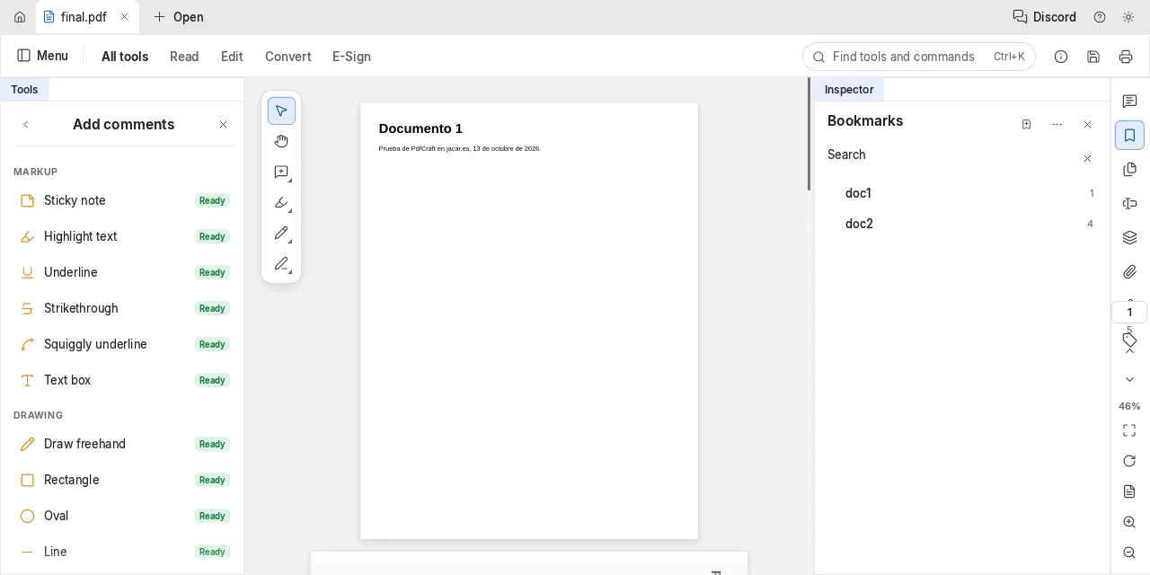 PdfCraft 0.7.1 en su versión WebAssembly abierta en Chromium con un PDF combinado con su CLI, con los marcadores doc1 y doc2 que creó la combinación.